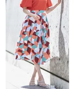 モザイク柄 綿フレアロングスカート