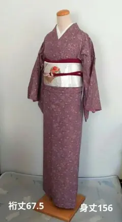 小紋　手縫い　上質化繊　小豆色地に花柄　リユース