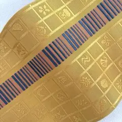 121半幅帯 小袋帯 正絹 博多織 芥子色 厄除け吉祥文尽くし 浴衣 小紋 着物