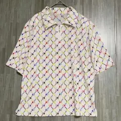 ハーフジップ 総柄 ドライポロシャツ　白　ゴルフ