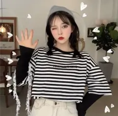 長袖 レイヤード風 Tシャツ ロゴT モノトーン ボーダー オーバーサイズ 韓国