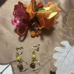 イヤリングと赤オレンジ系　花の髪飾り　バレエ　ブライダル　ステージ