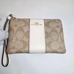 【極美品】COACH コーチ リストレット ポーチ シグネチャー ベージュ×白