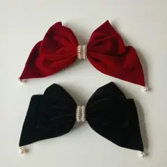 ベルベット大リボン 赤 黒 2個セット バレッタ