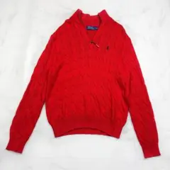 ポロラルフローレン　ケーブルニット　ハーフジップ　M 赤　ポニー刺繍　コットン
