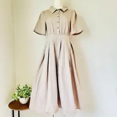 ✨美品✨ピンクベージュシャツワンピース 半袖 ロング丈上品お出かけフリーサイズ