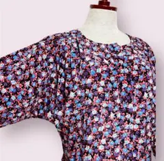 vintageヴィンテージワンピース総柄花柄ノーカラーゴムレトロUSA海外古着