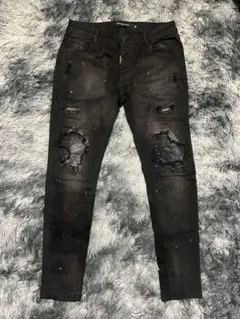 JGG.Men ペイント ダメージ デニムパンツ 34 黒 クラッシュ スキニー 