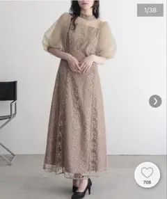 オーガンジーパフスリーブデザイン刺繍ロング丈ワンピースドレスのサムネイル