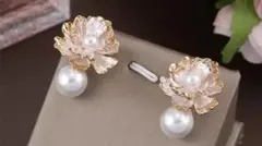 パール　花　ピアス 花 大ぶり ロング 結婚式 白