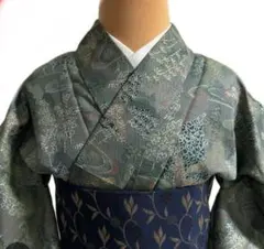 着物 小紋 単衣 緑 対象身長141-151㎝ 草木文様 匿名配送