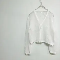 ホワイトメッシュVネックカーディガン　フリー 伸縮性　春夏　透け感　軽量