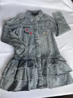 デニム風フリルワンピース 刺繍入り長袖サイズ 120