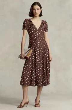 Polo Ralph Lauren❤️ポルカドットクレープパフスリーブミディドレス