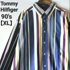 古着 90's トミーヒルフィガー マルチカラー ストライプ 長袖シャツ XL