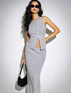 shein グレー リブ編み スカートセットアップ　タイト