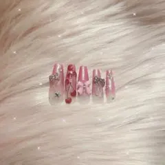 量産型 ピンク さくらんぼ 春 ネイルチップ リボン ガーリー 韓国 10本