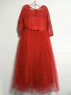 【140cm】キッズ ロングドレス レッド レース チュール 発表会 結婚式