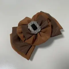 【ヴィンテージ】バレッタ BIGフリルリボン　アンティーク　キャメル　個性派