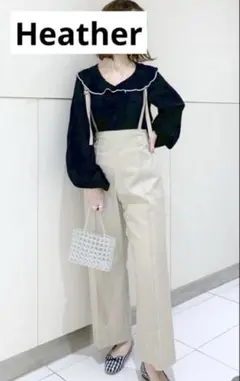 Heather サスペンダー付き　ワイドパンツ　ベージュ　フリーサイズ　綿ヘザー