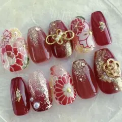 オーダー　10個セット　成人式　振袖　和柄　ブライダル　花柄　蝶　ネイルチップ