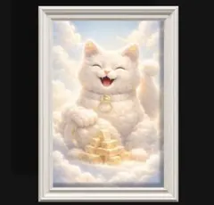 やさしく微笑む猫　その存在があなたの未来に静かに福を招く　額縁付きグラフィック