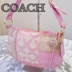 COACH パッチワーク ワンショルダーバッグ シグネチャー ピンク ホーボー