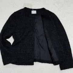 美品 自由区 ラメツイード ノーカラージャケット 黒 L 卒業式 セレモニー