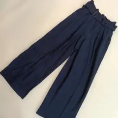 ユニクロ ベルテッドリネンレーヨンワイドパンツ XS ネイビー ベルト付き