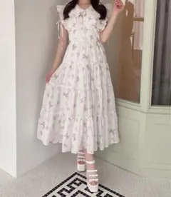 美品 evelyn ラメフリルギャザー花柄ワンピース 希少 ロングサイズ