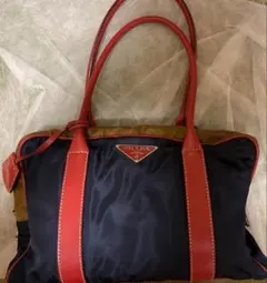 PRADA ネイビー/レッド ハンドバッグ ロック付き