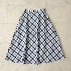 ローラアシュレイ 麻リネン混 フレアースカート ロング丈 チェック柄 綿コットン
