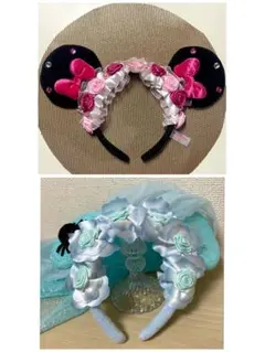 【レア】ミニー　カチューシャ　耳　花　リボン　ピンク　薔薇・花嫁 2個セット