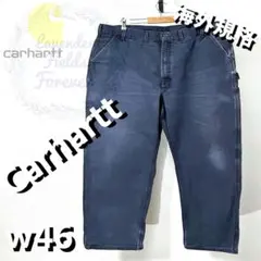 カーハートペインターパンツレザーロゴ肉厚ダック地w46ネイビーアメリカ古着