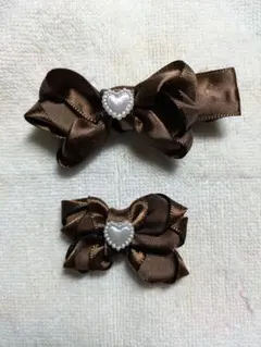 ブラウン　リボンヘアクリップ　2個セット　試作品　ハート　　アクセサリー　キッズ