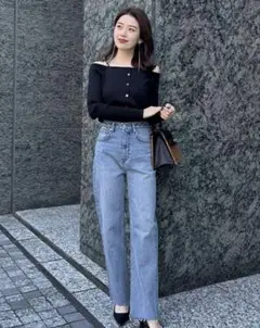 【美品】anuans グリッターオフショルラメトップス/BLACK