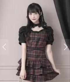 フロントリボンチョーカー半袖ワンピース ブラックチェック Fサイズ