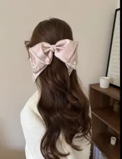 大きなサテンリボン ラインストーン付き ヘアクリップ　ピンク