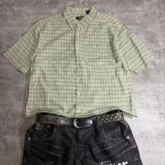 OLD 短丈チェックシャツ　cityboy 古着　ボックス　 短丈　モスグリーン