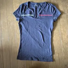 ダークグレー Vネック Tシャツ 半袖 ストライプのサムネイル