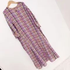 パープル系チェック柄長袖ロングワンピースstudioCLIP 前ボタンFree