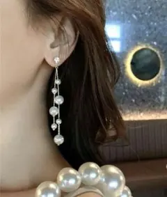 キュービックジルコニア ロングパールピアス 華やか フェミニン