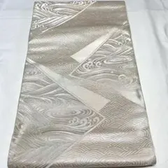 b443 正絹　六通袋帯　波柄　シルバー系　着物のサムネイル
