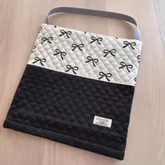 防災頭巾カバー　リボン　チャコールグレー　座布団タイプ　ハンドメイド　正方形