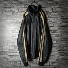 アディダスジャージ レザー調素材 金刺繍ロゴ ツヤツヤ ゴールドスリーライン