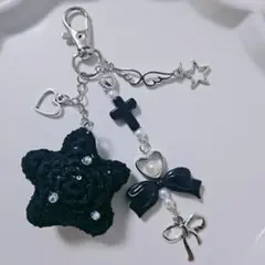 編み物 黒 星 天使 ビーズストラップキーホルダーY2K