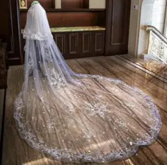 クリア チュール 刺繍 ロングウェディングベール