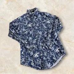 メンズ長袖シャツ　ネイビー　花柄　綿　Mサイズ