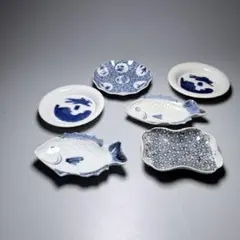 江戸中期〜後期　古伊万里　コンニャク印　藍柿　魚型　小皿　豆皿　古美術　六点