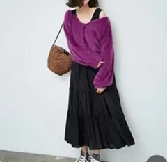 紫カーディガン パールボタン付き